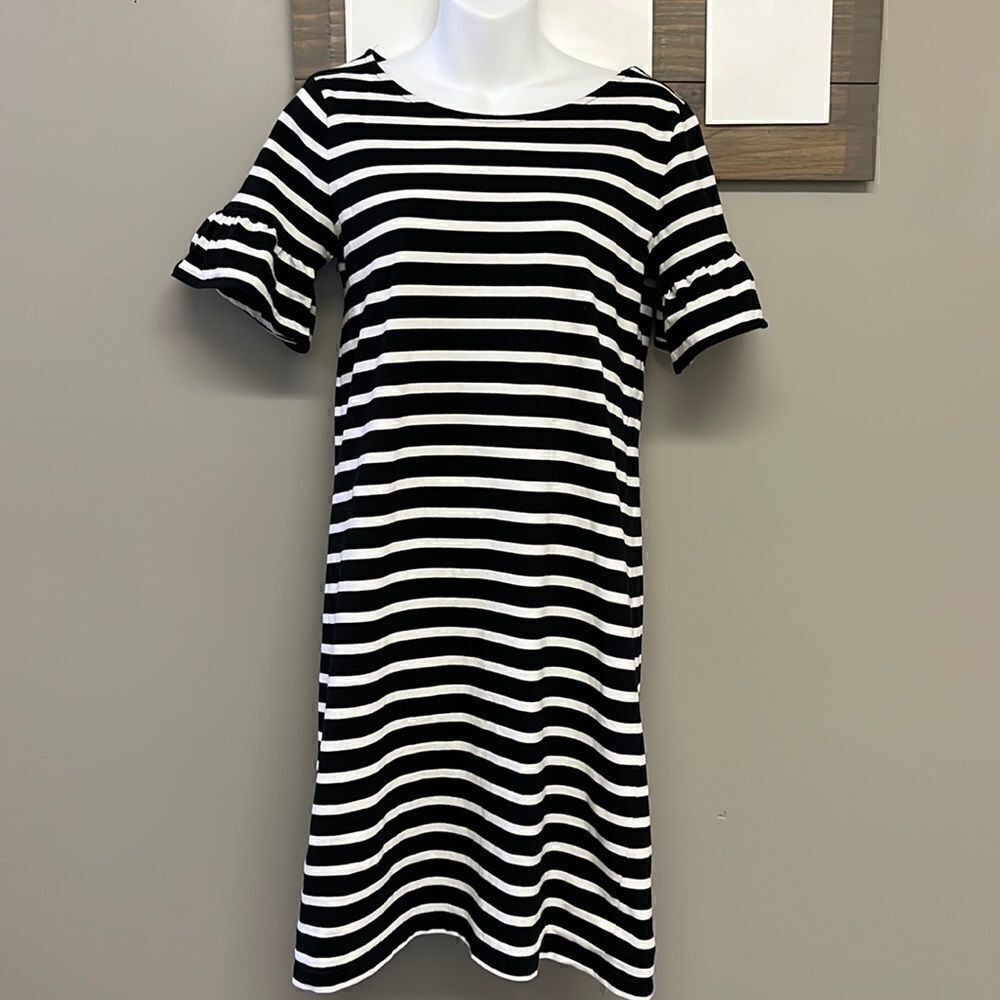 J. Crew Black & White Striped T- Shirt Dress w/ Ruffled Puff Sleeves- Small